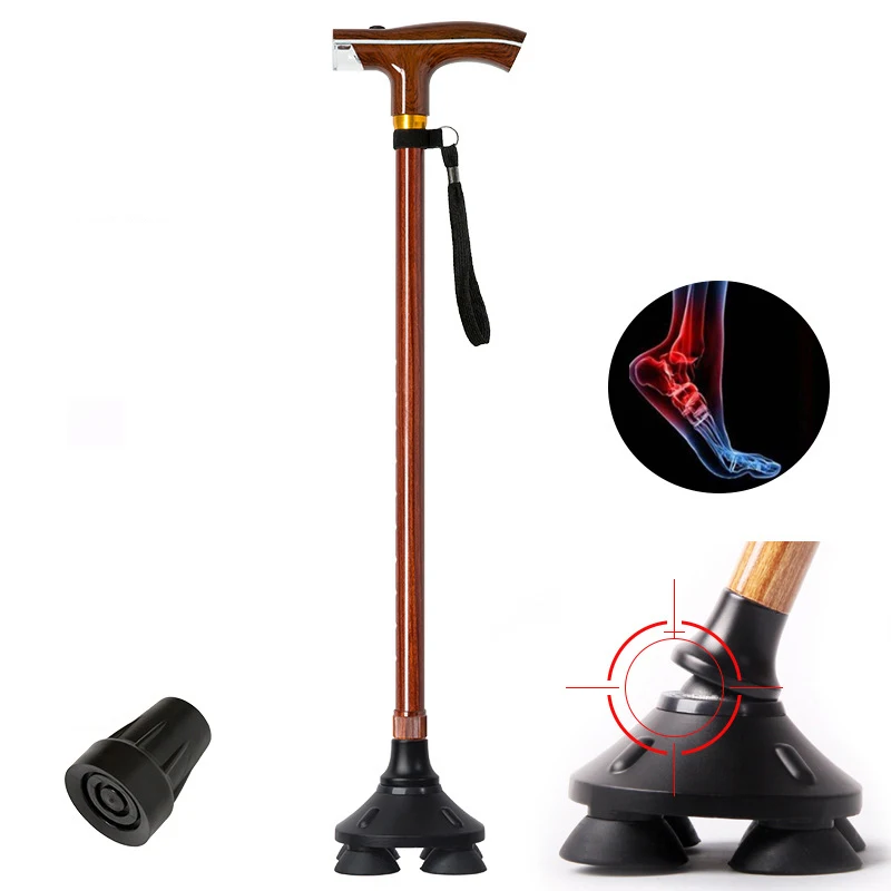 

Elderly Walking Stick Multi-functional Lamp Wood Non Slip Four Leg Crutch Lighting Old Man Outdoor Scalable Walking Stick