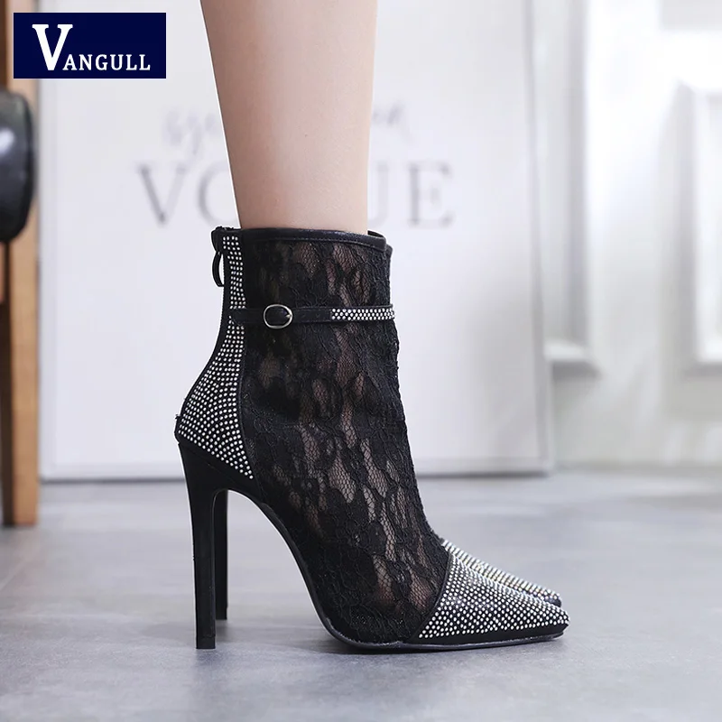 

VANGULL Crystal Women Pumps High Heels Brand Design Sexy Women Sandals 2019 New Summer Elegant Flower Lace Party Shoes