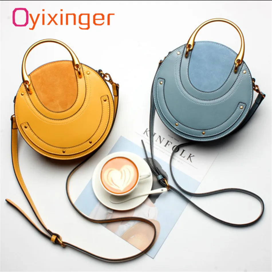 

Oyixinger Women Handbag Designer Genuine Leather Vintage Metal Handle Women Small Circular Tote Ladies Shoulder Messenger Bags