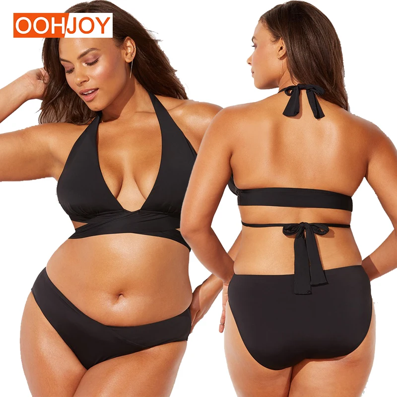 

New Plus Size Bikini Women Swimsuit Solid Black Color Bathing Suit M-5XL Paded Halter Swimwear Girl Backless Swim Beachwear