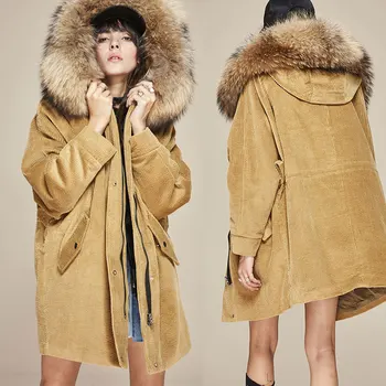 

2017 Autumn Winter New Women's Parkas Real Lamb Detachable Liner Large Raccoon Fur Jacket Corduroy Coats Loose Clothing Oversize