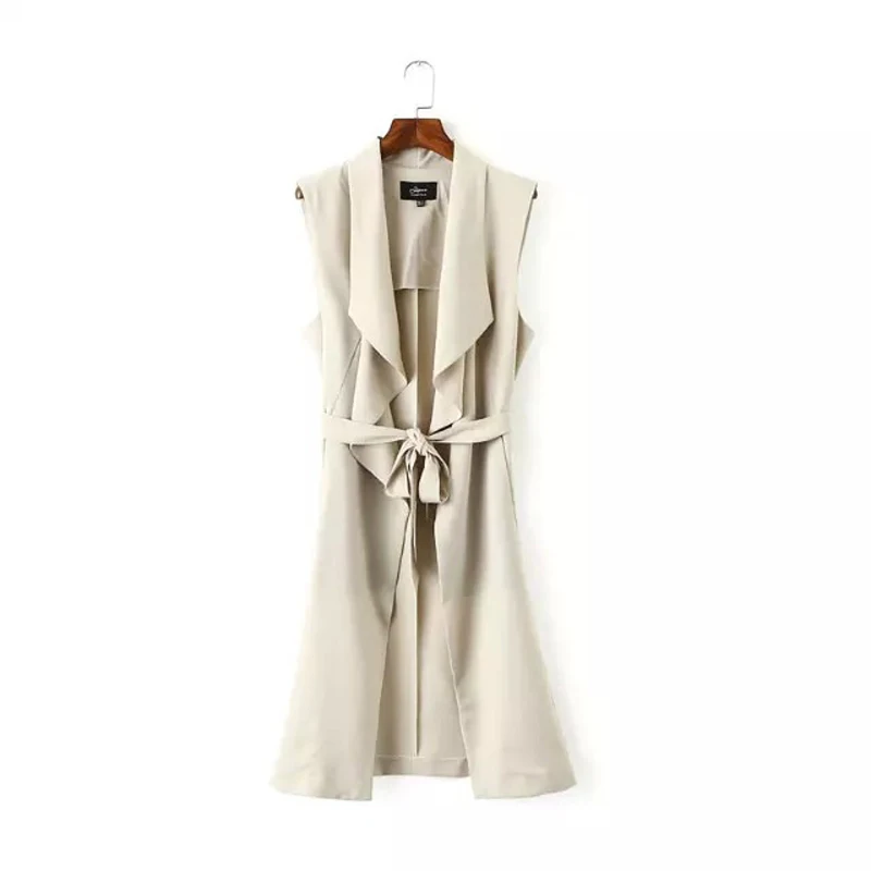

Women's summer new personality lapel waist belt coat sleeveless vest trench coat