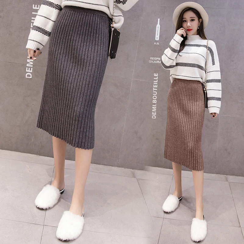 

Women Autumn Winter New Knitted Skirt Korean Elegant High Waist Package Hip Midi Skirts Ladies Casual All-match Long Skirt