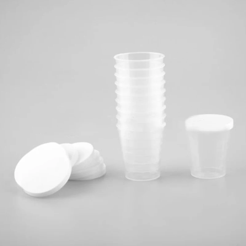 

10 X Transparent Plastic 30ml Measure Cups With White Lids Clear Container Measuring Small Amount Of Liquid Measure Cups