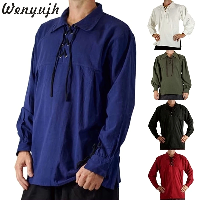 

Wenyujh 2019 Middle Ages Retro Loose Mens Shirts Bandage Lace Up Lapel Long Sleeve Top Turn-Down Collar Solid Shirts Blouses