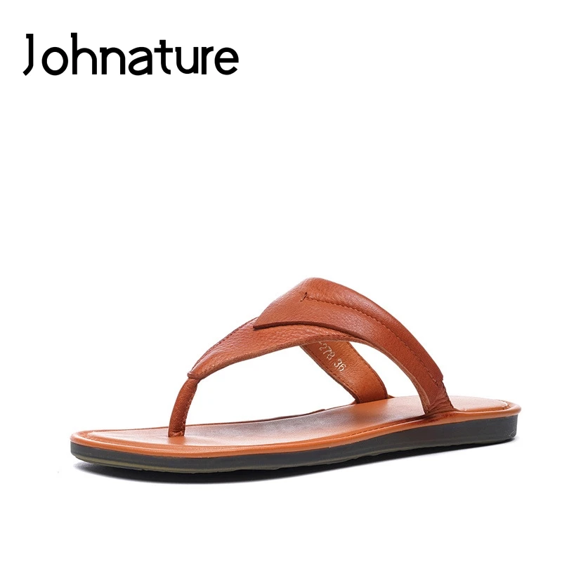 

Johnature Genuine Leather Solid New Summer Slippers Outside Flip Flops Sewing Flat With Casual Sandals Comfortable Women Shoes