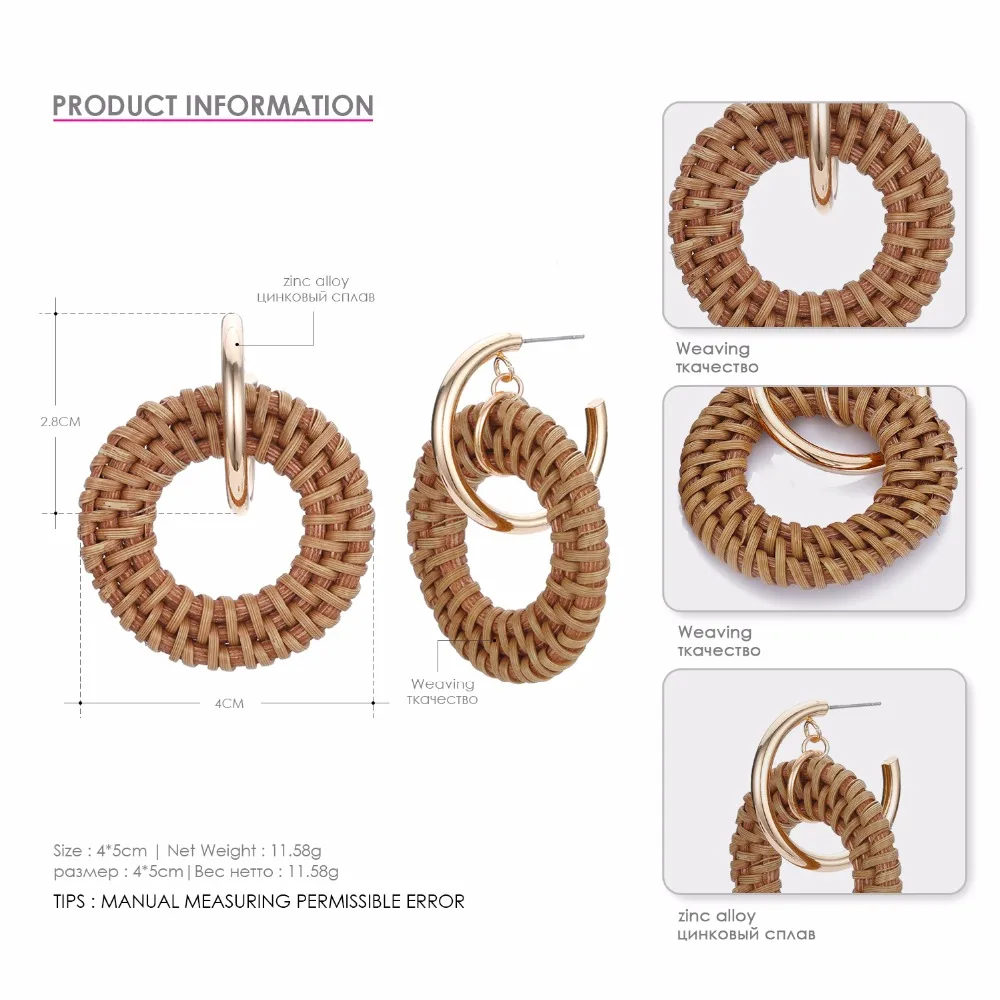 e-Manco Rattan Braid Drop Earrings For Women Vine Knit Round Circle Dangle Earrings Weaving Hand Made femme Fashion Jewelry