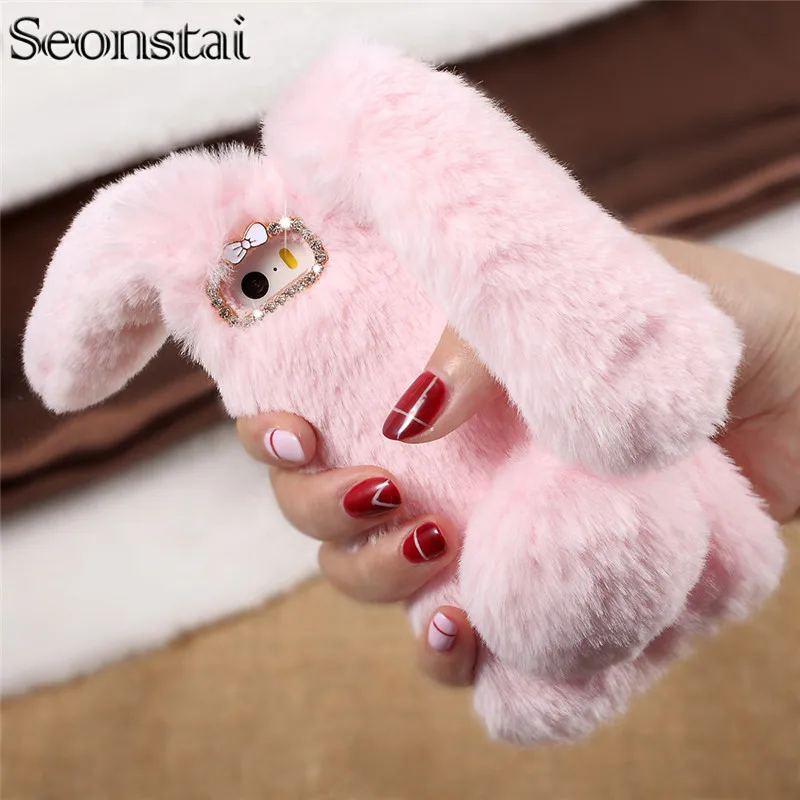 Smartphone Fur Case for iPhone 7 7Plus 6S 6plus Bunny Shape Warm Artificial Fur TPU Rabbit Coque Fundas Capa Cover for iPhone 8