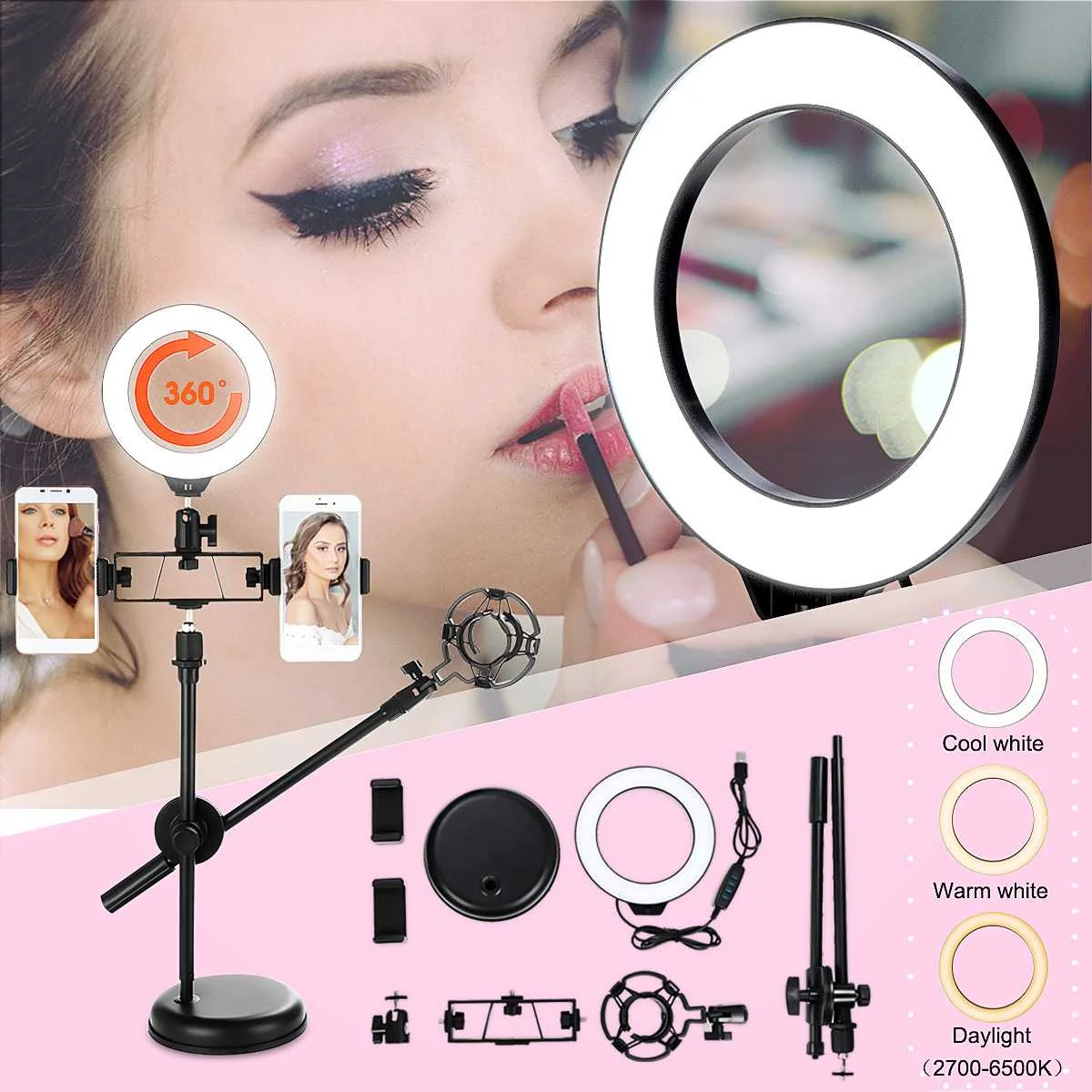 

Dimmable Ring Light with Stand & Phone Holder 3 colors for Live Stream Makeup Led Camera Ringlight Lamp for Video Photography