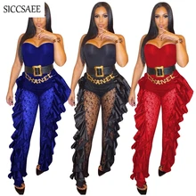Lace Crochet Patchwork Bandage Jumpsuits For Women 2019 Backless Solid Sheer See Through Stringy Selvedge Ruffles Side Ruched 