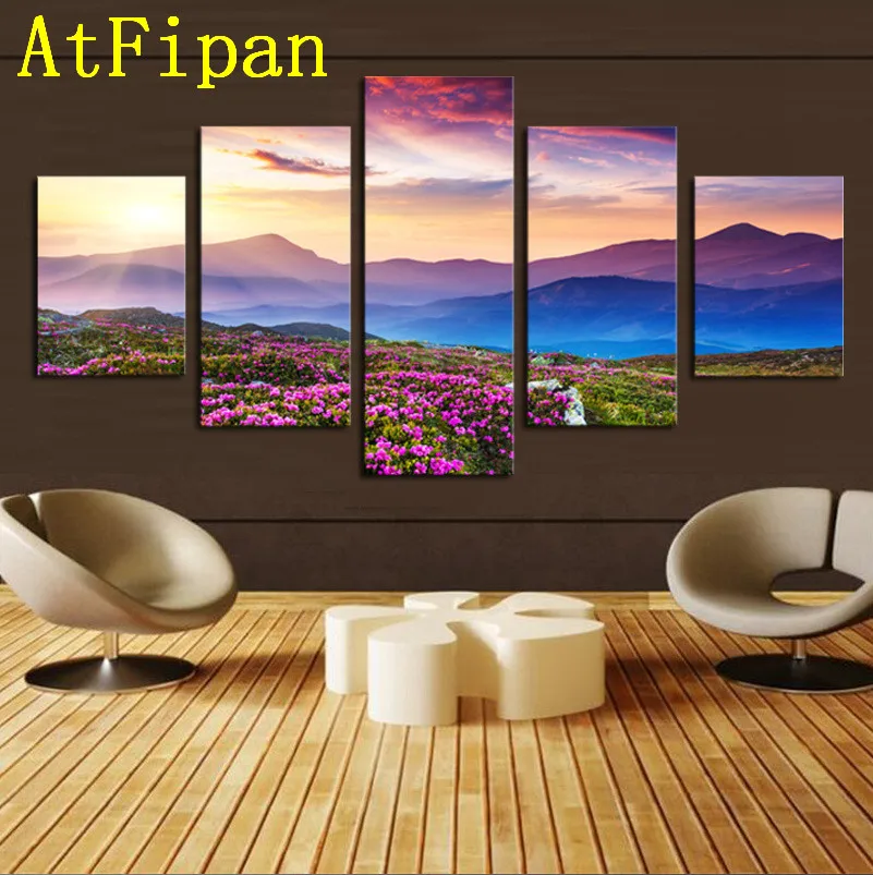 AtFipan Hot Sale Modular Wall Paintings 5 Piece The Sunset and Mountain Modern Painting on Canvas Pictures For Living Room | Дом и сад