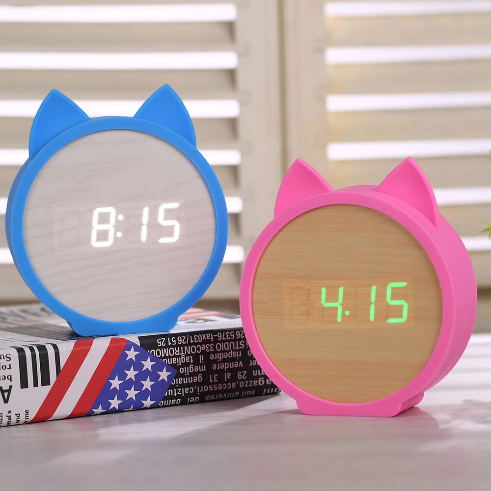 

Cute Cat Cartoon Silicone Alarm Clock Kids Wood Table Clock LED Calendar Voice Control Digital Desk Clocks Children Gift