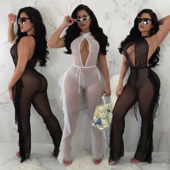 

2019 New Sexy Women Beach Mesh See through Ruffles Sheer jumpsuit Pants Bikini Cover Up Fashion 3 Colors