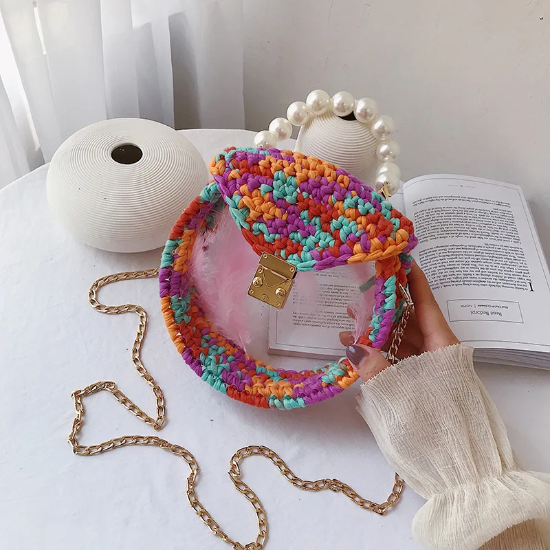 

2019 Hot style air transparent chain single shoulder oblique bags personality hand-woven small round bags