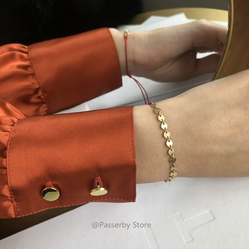 

Lucky Red Braided Rope Handmade 14KGF Gold Filled Wafer Circular Disk Bracelet Chinese Style Red Wire Good Luck Bracelet