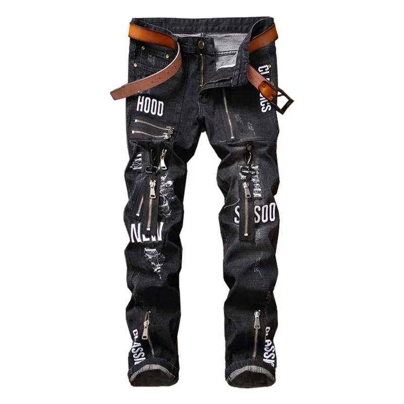 

Mcikkny Personality Ripped Jeans Men StreetWear Distressed With Patchwork Casual Slim Fit Denim Jeans Trousers Black Color