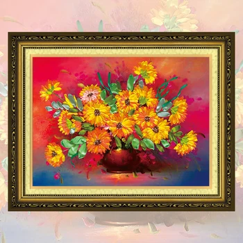 

DIY Ribbons Embroidery Flowers Decorative Canvas Painting Colored HD Prints Needlework & Cross Stitch Kit Gold Floral C-0054