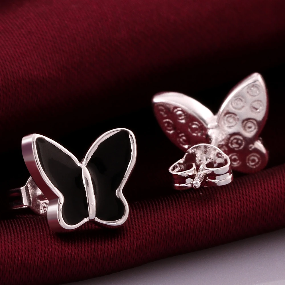 CHUKUI Minimalist Ladies Stud Earrings Gifts For Women Silver Plated Black Enamel Butterfly Earrings Fashion Jewelry Brincos (7)
