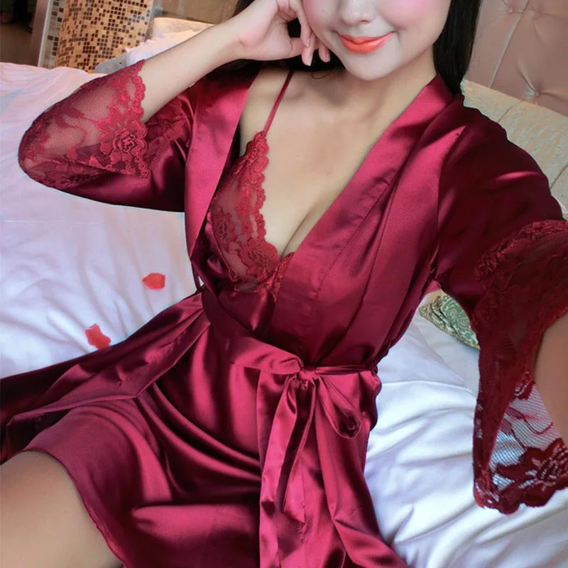 Новое поступление, комплект нижнего белья из 2 предметов, женские шелковые пижамы, сексуальные кружевные комплекты халатов, Дамская ночная рубашка, одежда для сна - Цвет: Wine Red