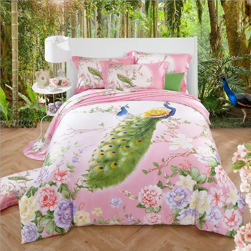 

Super Soft Tencel silk Bedding set King Queen size 4pcs Summer Spring Bed set Peacock Duvet/Quilt cover Bed sheet Pillow shams