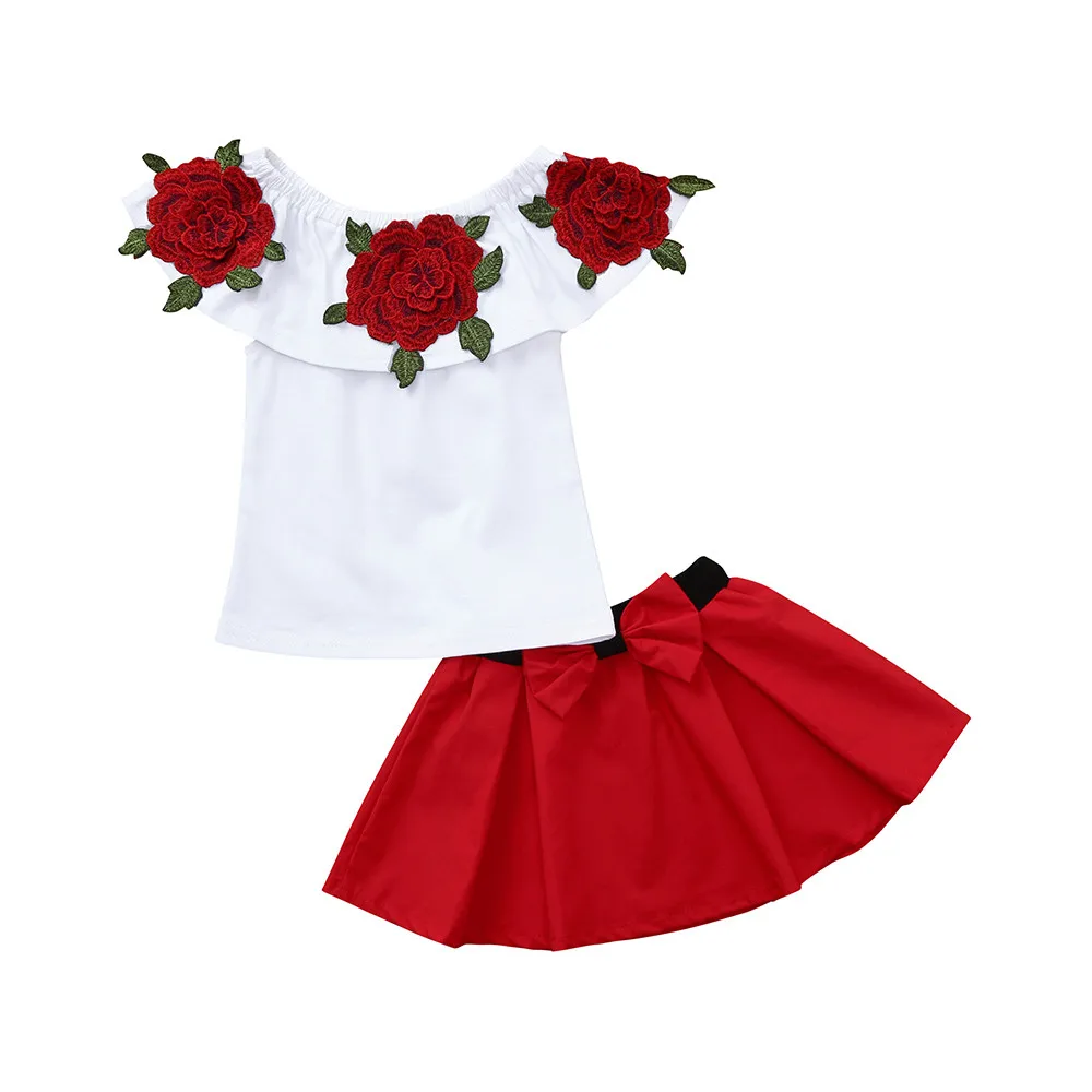 

Fashion Word Shoulder Print Short Sleeve Bow Toddler Baby Girls Sleeveless Off Shoulder Embroidery Rose Tops+Skirts Outfits F4