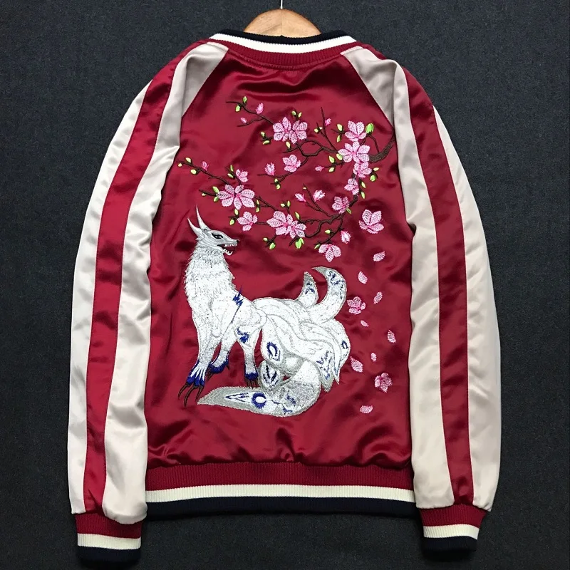 Mens Satin Sukajan Fox Embroidered Taekwondo japanese bomber Jacket