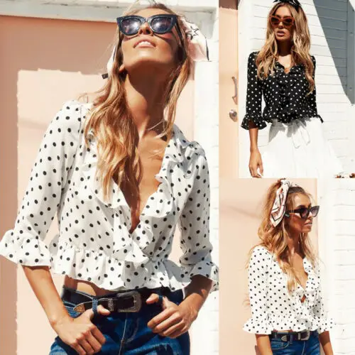 

Hot 2019 Fashion Womens V Neck Polka Dot Casual Ladies Summer Autumn Loose Chiffon Half Sleeve Ruffle Shirt Blouse Tops Clothes