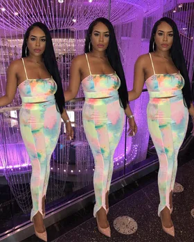 

Sexy Fashion Colorful Print Strapless Spaghetti Strap Sleeveless Short Coat Full Length Pants Women Suits