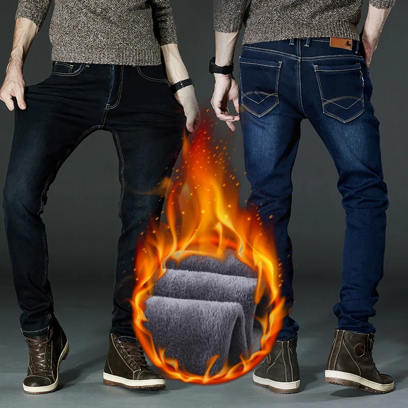 

Men Winter Warm Black Jeans Male Thicken Thermal Denim Pants High Stretch Fashion Blue Fleece Jean Trousers 110309