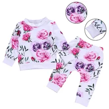 Детская одежда, осенний комплект одежды с длинными рукавами для маленьких девочек, детская одежда с цветочным принтом, шт. комплект из 2 предметов: футболка+ штаны