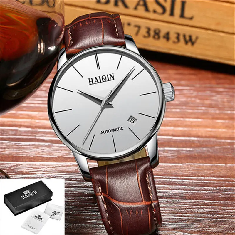 HAIQIN мужские s часы лучший бренд класса люкс мужские s автоматические механические часы классические деловые кожаные часы водонепроницаемые мужские часы - Цвет: Silver White  L