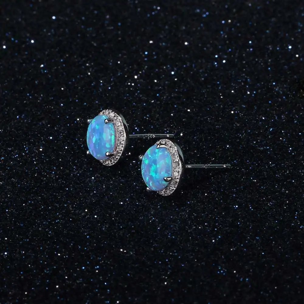 10mm Blue Opal Stone 925 Sterling Silver Stud Earrings Ocean Style Fashion Earrings for Women Gift for Her (Jewelora EA102018)