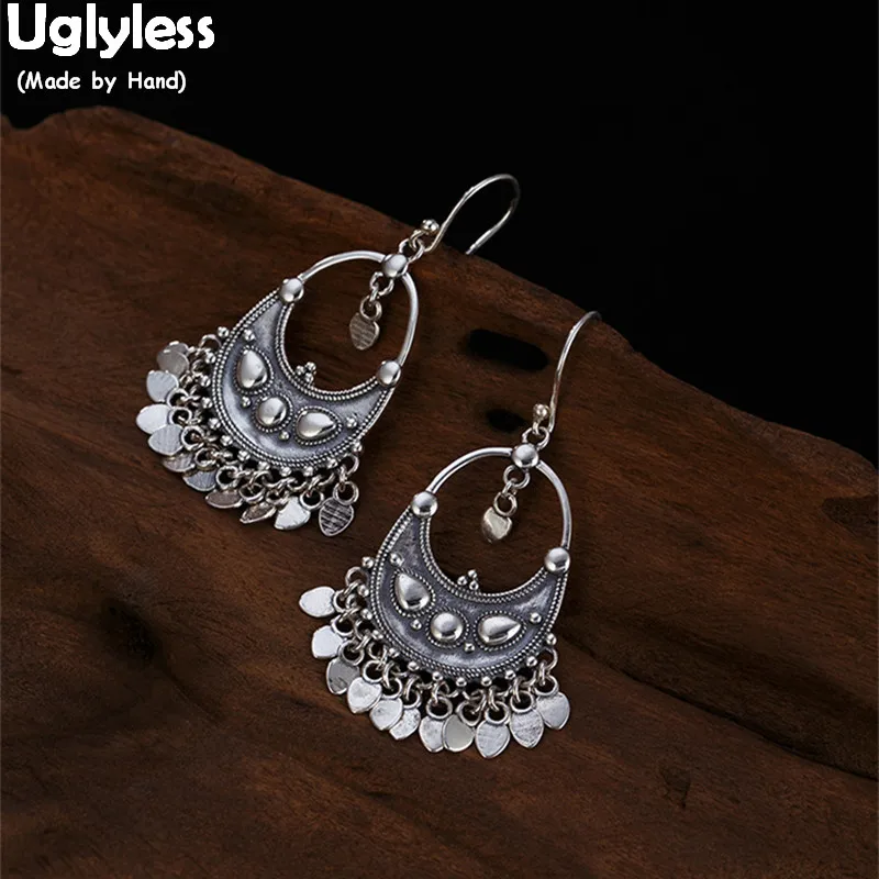 

Uglyless Vintage Ethnic Thai Silver Fine Jewelry Women 100% Real Solid 925 Silver Flakes Tassel Earrings Bohemia Exotic Earrings
