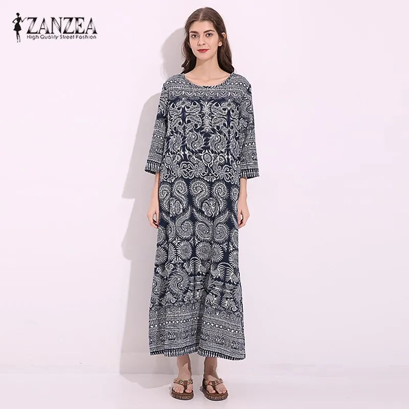 Floral ZANZEA винтажное женское летнее платье с рукавом 3/4, свободные хлопковые льняные карманы с цветочным принтом, ретро прямое длинное платье макси размера плюс - Цвет: Floral