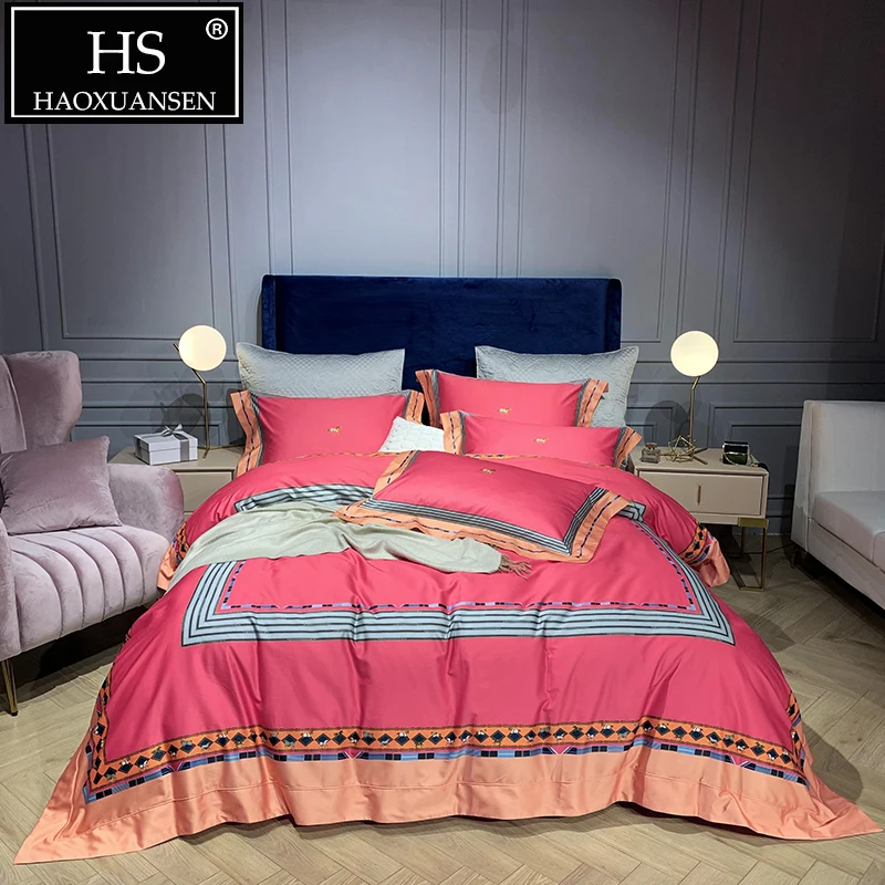 

1000 Thread Count Orange Stripe Horse Digital Print 4pcs Bedding Set Cotton Adult Quilt Cover Set Queen King Size Double Sheet