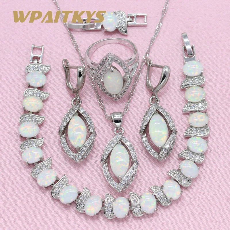 Модный wpaitkys, белый опал, 925 серебряные ювелирные наборы, женские свадебные ожерелья, серьги, кольца, браслеты, коробка