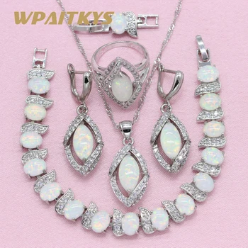 

WPAITKYS Trendy White Opal Silver Color Jewelry Sets Women's Wedding Necklace Earrings Ring Bracelet Free Box