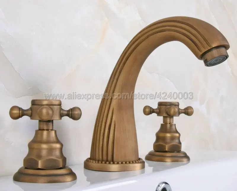 

Antique Brass Deck Mount Basin Faucet Widespread 3 Hole Bathroom Sink Faucet Dual Handle Basin Faucet Tub Sink Mixer Tap Kan068