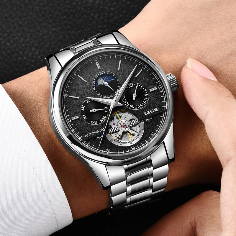 Мужские часы LIGE фирменные роскошные механические Tourbillon модные деловые с