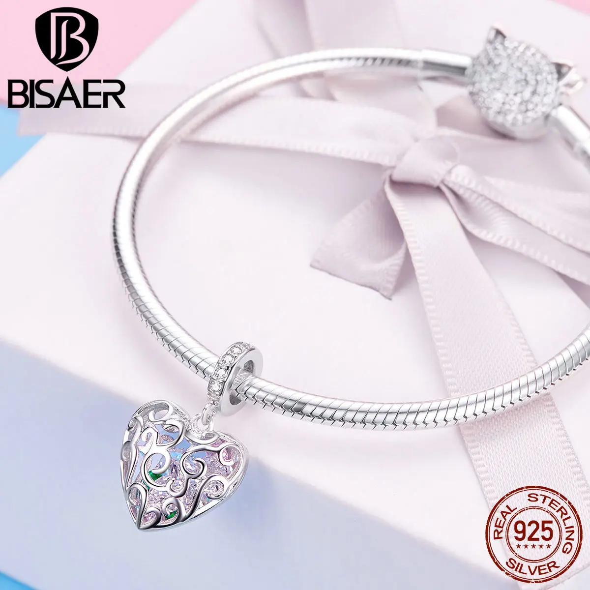 BISAER 925 пробы серебро сердце любовь красочные кристалл шармы бусины подходят для женщин Браслеты DIY ювелирные изделия подарок подруге ECC1126