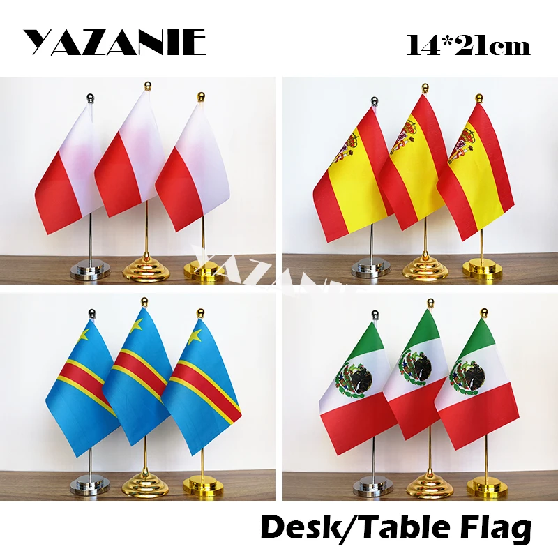 

YAZANIE 14*21cm Poland Spain Custom Table Flag With Metal Base & Pole Mexico Democratic Republic of the Congo Office Desk Flag