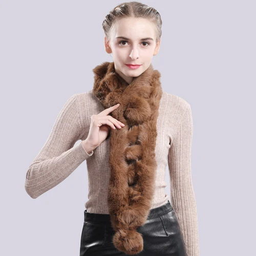 khaki Hot Sale Winter Warm Soft Real Rabbit Fur Scarf Women Knitted Natural Real Rabbit Fur Ring Scarves Real Fur Neckerchief - Color: khaki