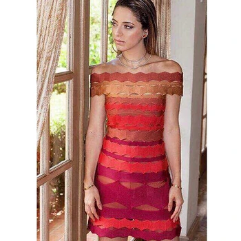 

2019 Elegant New Off The Shoulder Bandage Dress Slash Neck Winter Patchwork Sexy Women Hollow Out Celebrity Runway Vestidos