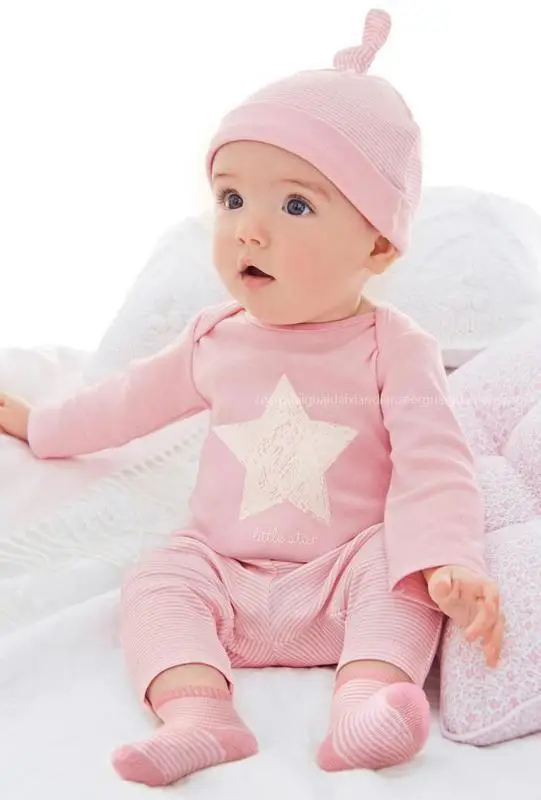 3 шт./0-18months/Демисезонный Детская Одежда для новорожденных мальчиков и девочек милый Розовый и красный цвет футболка штаны в полоску+ Шапки комплект одежды для новорожденных bc1347
