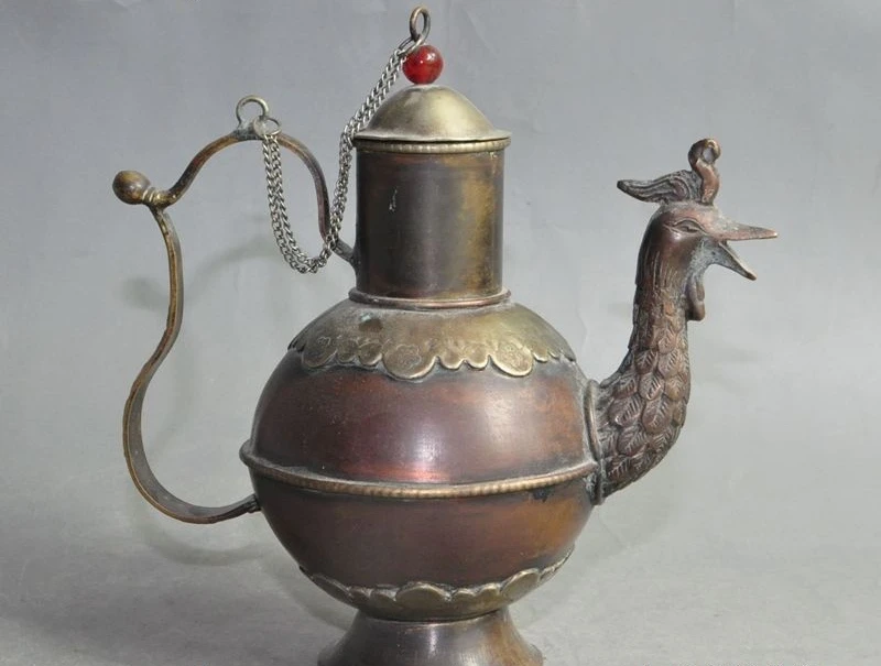 

mark old chinese pure red copper bronze Phoenix bird statue Wine Tea Pot Flagon