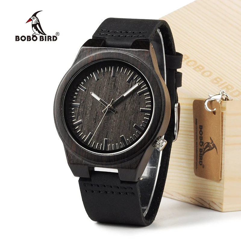 BOBO BIRD B12 Ebony Wood Men's Designer Bamboo Wooden Wristwatch With Genuine Leather Strap Casual Men dress Watch In Gift Box
