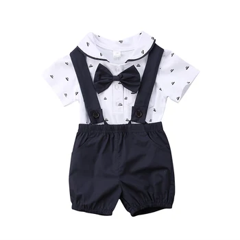 

2Pcs Newborn Infant Baby Boy Clothes Set Print Short Sleeve Top Bodysuit Suspenders Shorts Cute Outfit Summer Fashion Formal New