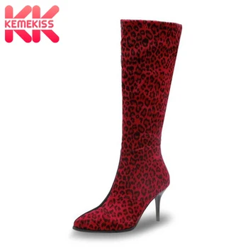 

KemeKiss Plus Size 32-48 Sexy Leopard Thin Heels knee Boots Winter Autumn Office Ladies Shoes Woman Zipper Fashion Female Botas