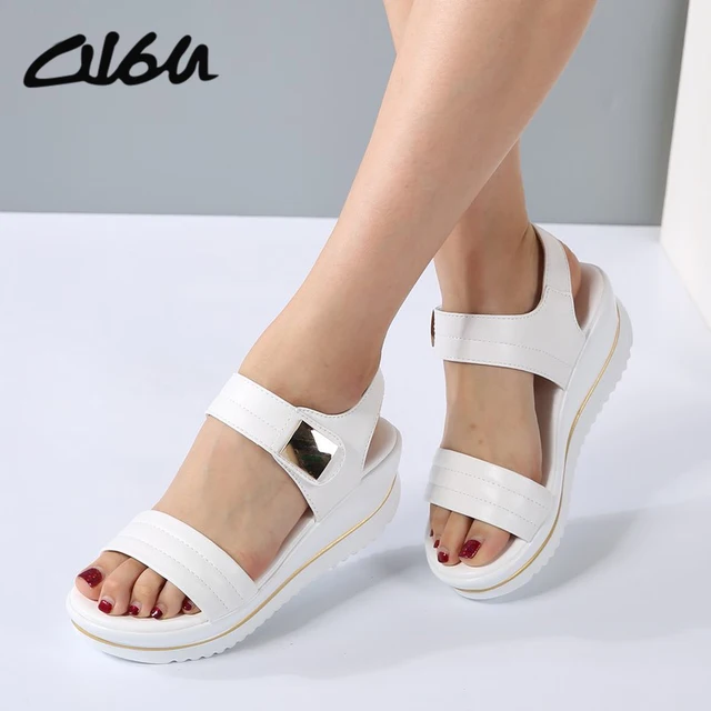 O16U Summer Women Sandals platform heel Leather hook loop metal Soft comfortable Wedge shoes ladies casual sandals white blue