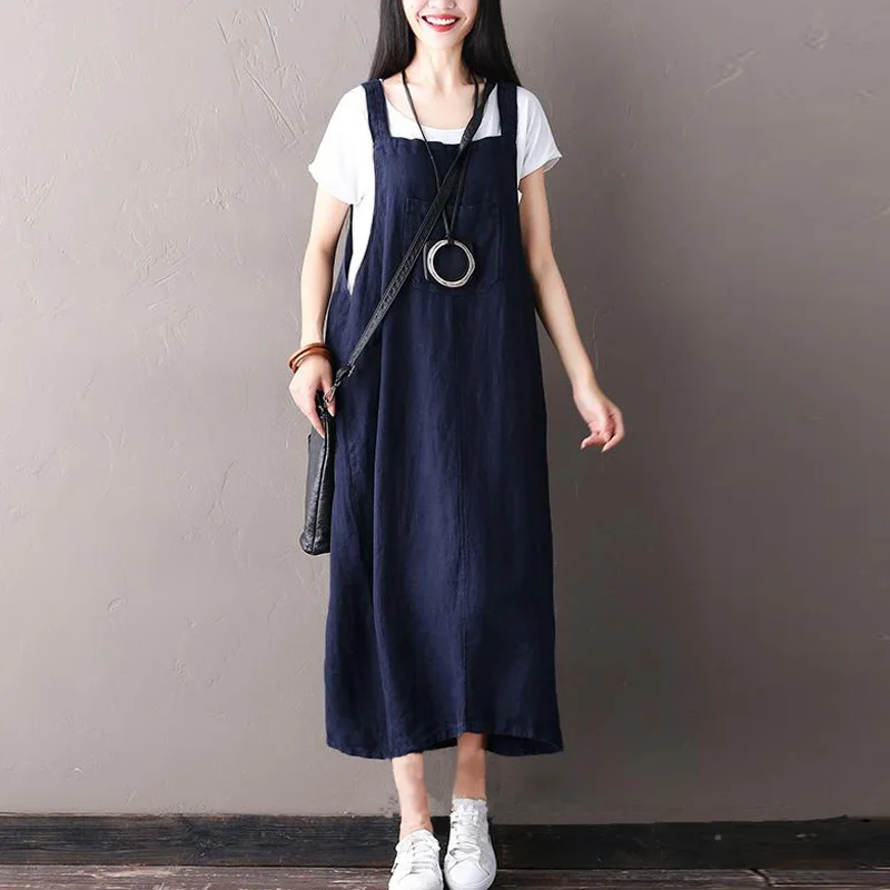 

M-5XL New ZANZEA Women Vintage Strappy Sleeveless Cotton Linen Loose Solid Casual Long Suspender Dress Midi Vestido Plus Size